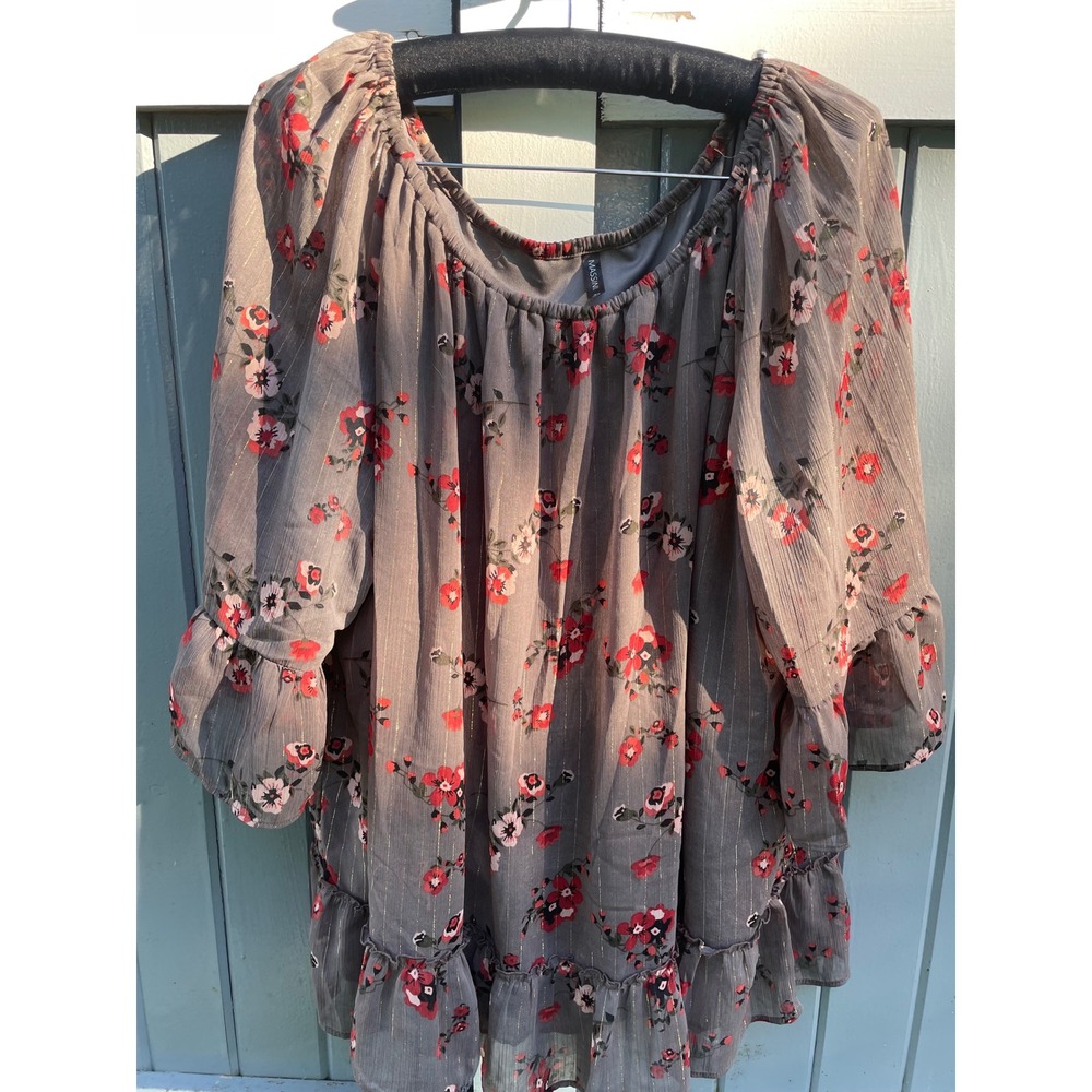 Massini Floral Peasant Blouse Grey Red Metallic Stripe Ruffle Top Womens 3X